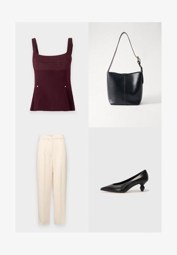 Stine Goya DOUBLE SIDED SLEEVELESS FITTED WAIST - Linne - aubergine; Ljust beige skräddarsydda byxor med rak passform, utrustade medveck fram, en slät yta och en midjehöjd som är medelhög. Inga synliga fickor.; Svart läderhögklackad sko med spetsig tå och rund, bollformad klack. Slät yta med en elegant, minimalistisk design.; Svart läder axelväska med en slät yta, som har ett tunt, långt band och en subtil sömdetalj nedtill i mitten.