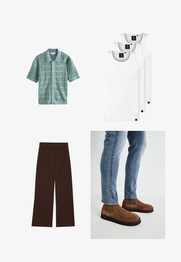 Pehmeast piparmündirohelisest lõngast lühikeste varrukatega kaarmin, millel on kootud tekstuur ja ruudukujulised mustrid, ribakrae ja viis nööpi.; Kolm valget ribaga t-särki, mis on valmistatud puuvillast. Omavad ümmargust kaelanõhku ja väikseid musti silte hemme lähedal. Saadaval erinevates suurustes.; Pruunid laiad püksid voldikutega. Valmistatud siledast kangast, millel on kohandatud vöökoht ja küljetaskud. Tasane äär all.; Pruunist sametist pahkluu saapad elastsete külgpaneelidega, paks must kummitall, koos helesiniste kitsaste teksadega.