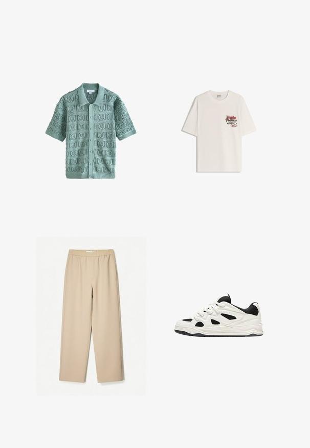 Stickad kortärmad cardigan i mjuk mintgrön, med ett strukturerat mönster av fyrkantiga motiv, ribbad krage och fem knappar.; Vitt bomull t-shirt med korta ärmar och rundad halsringning. Har en tryckt grafik i röd och svart text på vänster bröstområde.; Beige vida byxor med elastiskt midjeband, tillverkade av mjukt tyg, med en slät yta och minimala sömnadsdetaljer.; Vita och svarta träningsskor med en strukturerad sula, som har utskärningar på sidorna och snörning, samt en vadderad baksida för stöd.