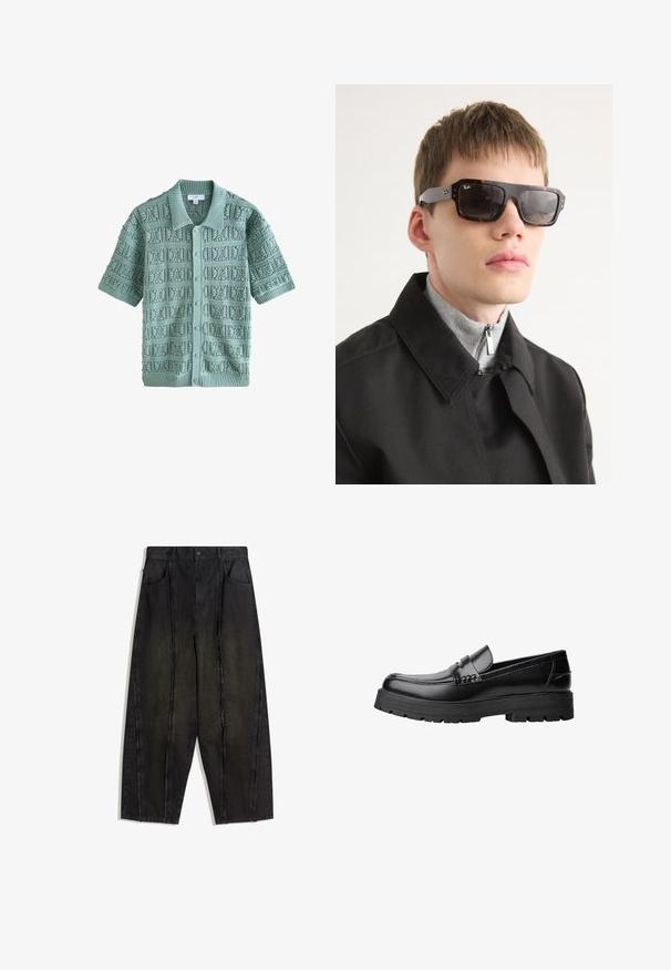 Cardigan tricoté à manches courtes en vert menthe doux, avec un motif texturé à motifs carrés, un col côtelé et cinq boutons.; Pantalon en denim noir à pattes larges avec des coutures visibles et des bords effilochés, doté de deux poches avant et d'une taille haute.; Mocassin en cuir noir avec semelle épaisse à motifs et une sangle décorative sur le dessus, présenté en profil sur le côté gauche sur fond blanc.; Lunettes de soleil en écaille de tortue avec des accents noirs et une forme rectangulaire. Les branches grises portent le logo de la marque. Portées avec un manteau noir et un haut gris à col montant.