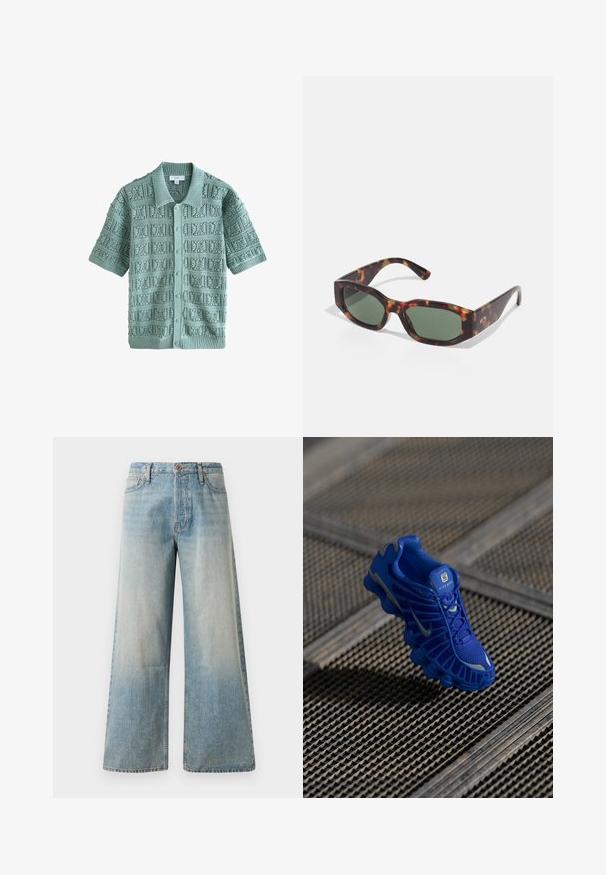 Cárdigan de punto de manga corta en suave verde menta, con un patrón texturizado de motivos cuadráticos, cuello acanalado y cinco botones.; Vaqueros de mezclilla de pernera ancha en un azul claro. Presentan una cintura alta, cierre de botón y un ligero desgastado, con una textura suave y costuras cosidas.; Zapatilla deportiva azul con parte superior de malla, diseño texturizado y suela prominente que presenta elementos de amortiguación distintos y acentos reflectantes.; Gafas de sol de carey con lentes rectangulares verdes, montura ancha y patillas gruesas. Presentan un diseño elegante y una textura de plástico suave.