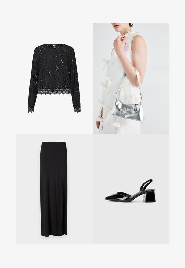 Blusa nera a maniche lunghe con un motivo a zigzag perforato e rifiniture in pizzo ondulato. Presenta una chiusura con bottoni sul retro. Tessuto leggero.; Gonna maxi nera realizzata in materiale morbido ed elastico. Presenta una fessura laterale e un design semplice e lineare senza decorazioni.; Décolleté in vernice nera con punta affusolata e tacco in geometria cubica. Presentano un design elegante e minimalista, con una texture liscia.; Borsa a mano metallica argento con forma strutturata, dotata di manico superiore e dettaglio a fiocco sulla parte frontale. Texture liscia e finitura riflettente.