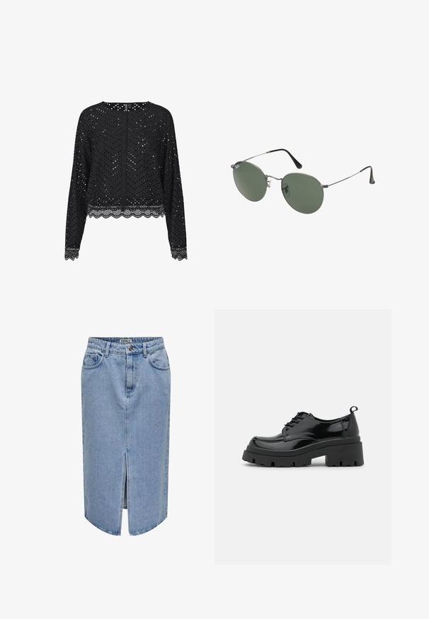 Blusa nera a maniche lunghe con un motivo a zigzag perforato e rifiniture in pizzo ondulato. Presenta una chiusura con bottoni sul retro. Tessuto leggero.; Gonna di denim azzurro chiaro con taglio dritto, spacco frontale, design a cinque tasche e chiusura con zip e bottone.; Scarpe in pelle verniciata nera con una suola piattaformata chunky e lacci spessi. Punta arrotondata, dettagli minimi e un piccolo tassello sul tallone sul retro.; Occhiali da sole con montatura in metallo e lenti verdi ovali. Montatura sottile in metallo argento e terminali neri. Design minimalista, senza loghi visibili.