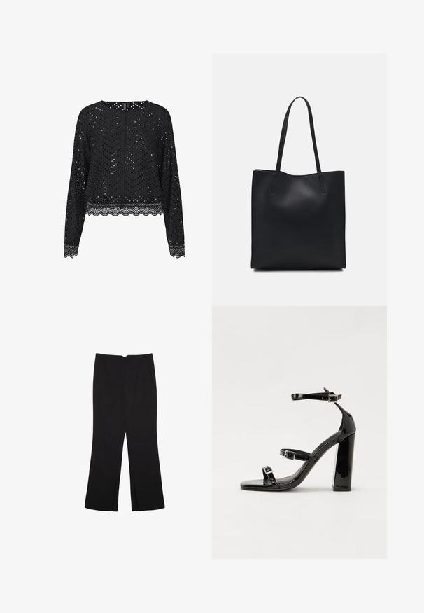 Čierna blúzka s dlhými rukávmi, perforovaným zigzag vzorom a vykrajovaným čipkovým lemom. Obsahuje gombíkovú sponu na zadnej strane. Ľahký materiál.; Čierne nohavice so strihom rovného strihu, s prednými vreckami a bočnými rozparkami na leme. Vyrobené z mäkkej, hladkej tkaniny. Vhodné na rôzne príležitosti.; Čierne lakované sandále na podpätku so štvorcovou špičkou, navlečenými remienkami okolo členku a striebornými prackami. Disponujú masívnym blokovým podpätkom pre stabilitu.; Čierna kožená taška na rameno s hladkým povrchom, obdĺžnikovým tvarom a dvoma dlhými uchami. Bez viditeľného kovania alebo ozdôb.