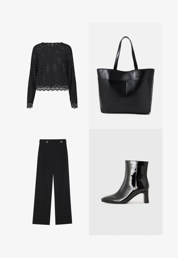 Črna bluzica z dolgimi rokavi z perforiranim zigzag vzorcem in valovitim čipkastim obrobom. Ima gumbno zapiranje na hrbtni strani. Lahek material.; Črne široke hlače s visokim pasom, gumbnimi detajli na pasu in sprednjimi gubami.; Črne lakirane gležnjarje z ošiljenim nosom in srednje visokim blokastim peto. Gladka tekstura in minimalističen dizajn.; Črna usnjena torba z dvema dolgima ročajema, gladko teksturo in strukturirano obliko. Ima sprednji žep za dodatno shranjevanje.