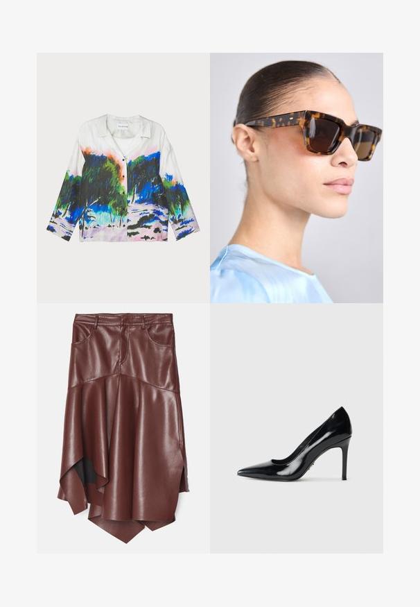 Trumpas rankovės marškinėliai su balta medžiaga ir gyvybingu abstrakčiu kraštovaizdžio raštu žaliai, mėlynai ir rožinei spalvoms; užsegamas priekyje.; Ruda dirbtinė odinė sijonas su platėjančiu asimetriniu apvadu, turintis du priekiniai kišeniai ir glotniai blizgiu paviršiumi.; Juodas lakinės odos smailėja priekyje aukštakulnis batelis su plonu stiletto kulnu ant vientiso balto fono.; Žirafų rašto saulės akiniai su masyviu, stačiakampiu rėmu. Tamsūs lęšiai ir auksinės spalvos akcentai ant šventyklių. Lygus, blizgus paviršius.