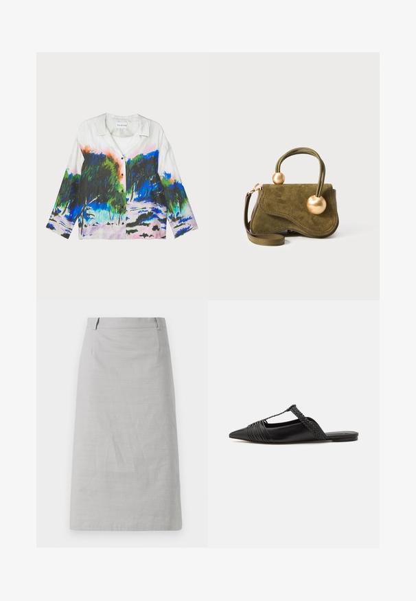 Koszula krótki rękaw z białego materiału z żywym abstrakcyjnym nadrukiem krajobrazu w odcieniach zieleni, niebieskiego i różowego; zapinana na guziki.; Szara spódnica ołówkowa o gładkiej fakturze, dopasowanym kroju i płaskim pasie, z bocznymi szwami i bez widocznych wzorów lub akcentów.; Czarny skórzany but na odkrytej pięcie z pointed toe, ozdobiony plecionym akcentem i plisowanym wzorem górnej części. Płaska podeszwa z minimalnymi elementami.; Zielona suknia zamszowa torba z falistym wzorem, dwiema okrągłymi mosiężnymi detalami, krótkim skręconym uchwytem oraz odpinanym paskiem na ramię.