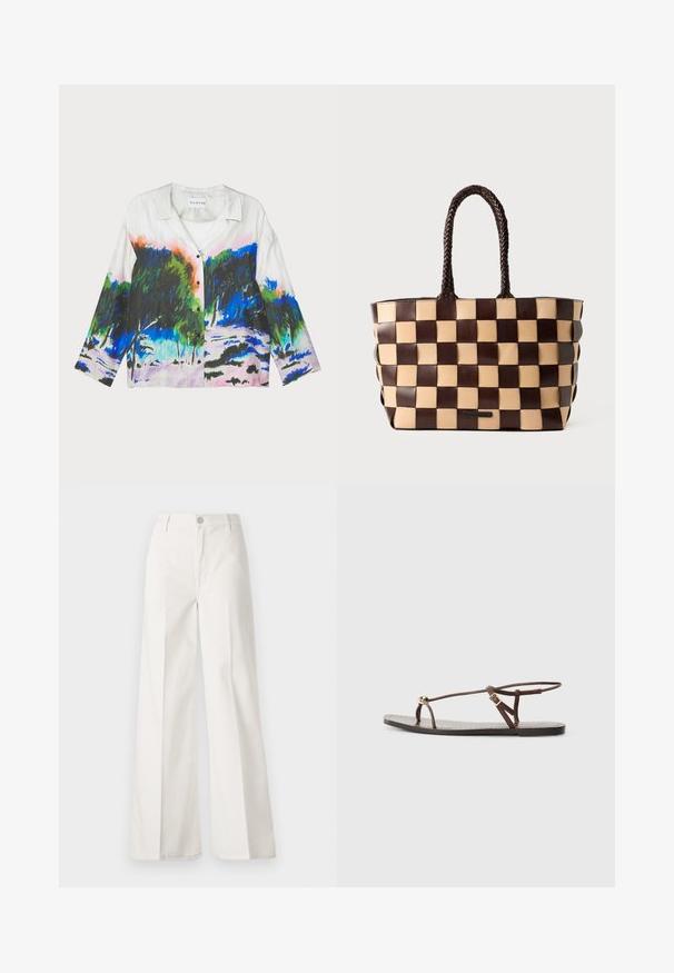Cămașă cu mânecă scurtă, dintr-un material alb, decorată cu un imprimeu vibrant de peisaj abstract în nuanțe de verde, albastru și roz; se închide cu nasturi.; Pantaloni albi cu picioare largi, confecționați din bumbac cu o textură fină. Prezintă un buton în față, fermoar și un design cu patru buzunare.; Sandale din piele maro cu bretele subțiri, un accent circular auriu și o talpă plată. Design minimalist cu un detaliu de cataramă ajustabil.; Geantă tote din piele maro și bej, cu un model țesut în carouri și mânere împletite, pe un fundal alb.