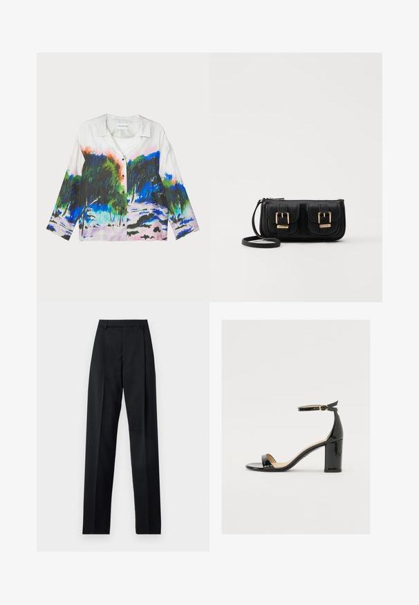 Camisa de manga corta con una tela blanca y un vibrante estampado de paisaje abstracto en verdes, azules y rosas; con cierre de botones en la parte delantera.; Pantalones negros de tela suave con cintura alta, piernas amplias, pliegues frontales y lazos de cinturón clásicos. No hay bolsillos laterales visibles.; Sandalia de charol negro con tacón ancho, punta abierta y correa en el tobillo que cuenta con una hebilla dorada. Textura suave y diseño elegante.; Bolso cruzado de cuero negro con dos bolsillos frontales, hebillas doradas, cierre de cremallera y una correa delgada. Superficie texturizada y forma rectangular compacta.
