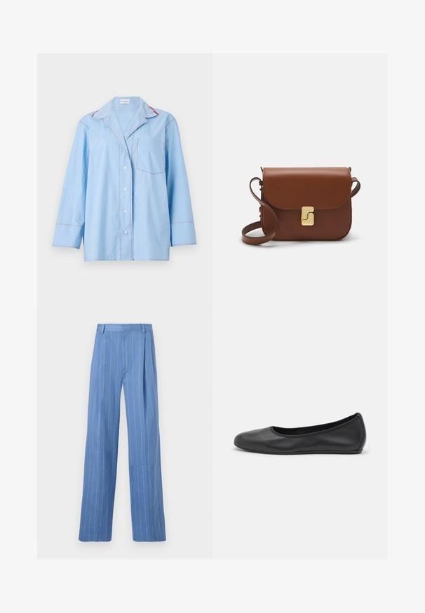Svetlo modra srajca z dolgimi rokavi, z rdečimi kontrastnimi šivi in žepom na prsih. Mehak material z udobnim krojem.; Bela kratka majica s kratkimi rokavi iz rebrastega materiala. Okrogla ovratnica, običajen kroj in subtilni šivi. Brez vzorcev ali grafik.; Svetlo modre široke hlače z vertikalnimi belimi črtami. Narejene iz gladkega materiala, z sprednjim pregibom in čistim dizajnom pasu.; Črne usnjene balerinke z zaobljenim nosom, gladko teksturo, minimalnimi šivi in fleksibilno zasnovo podplata.; Rjava usnjena torbica s poklopcem, zlato obarvani okovi, naramnica in gladka tekstura. Kompaktna pravokotna oblika.