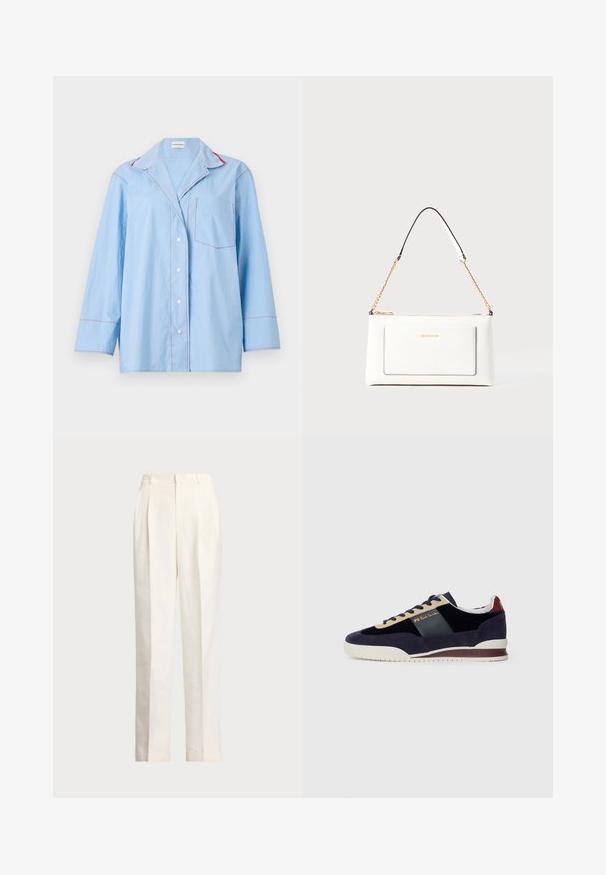 Lyseblå skjorte med knapper og lange ærmer, præget af rød kontrastsyning og en brystlomme. Blødt stof med en afslappet pasform.; Polo Ralph Lauren HEMP WIDE LEG PANT - Bukser - nevis; Mørkeblå ruskinds-sneakers med beige og mørkeblå accenter. Har en hvid gummisål og gyldent branding på siden. Klassisk atletisk design.; Hvid lædertaske med tekstureret overflade, med en guldkædetras og sorte detaljer. Indeholder en frontlomme og lynlås lukning.