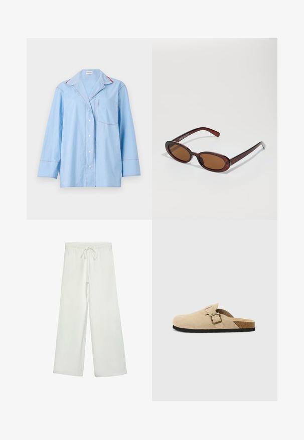 Svetlomodrá košeľa na gombíky s dlhými rukávmi, so červeným kontrastným prešitím a náprsného vrecka. Mäkká tkanina s voľným strihom.; Biele nohavice s širokými nohavicami vyrobené z mäkkej tkaniny. Majú elastický pás s šnúrkou a hladký povrch. Žiadne viditeľné vzory ani kovania.; Bežové semišové clogs na klinoch so korkovou stielkou, zaoblenou špičkou a jednoduchým remienkom so zlatým sponou. Gumová podrážka pre lepšiu priľnavosť.; Okrúhle slnečné okuliare s hnedým nádychom a lesklým burgundským rámom. Úzke ramená s jemným brandovaním. Plochej šošovky dizajn.