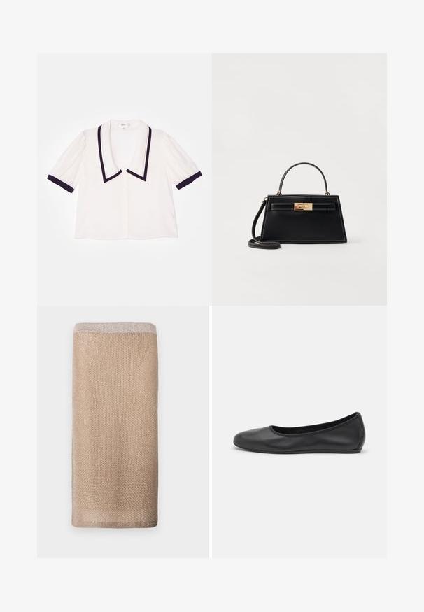 FRAME SAILOR BLOUSE - Button-down blouse - cream multi; Beige knitted scarf with a subtle sheen, textured finish, and a lighter-colored trim at the top edge. Rectangular shape.; Black leather ballet flat with a rounded toe, smooth texture, minimal stitching detail, and a flexible sole design.; Black leather handbag with a structured trapezoidal shape, gold hardware clasp, and contrasting white stitching. Includes a short handle and long strap.