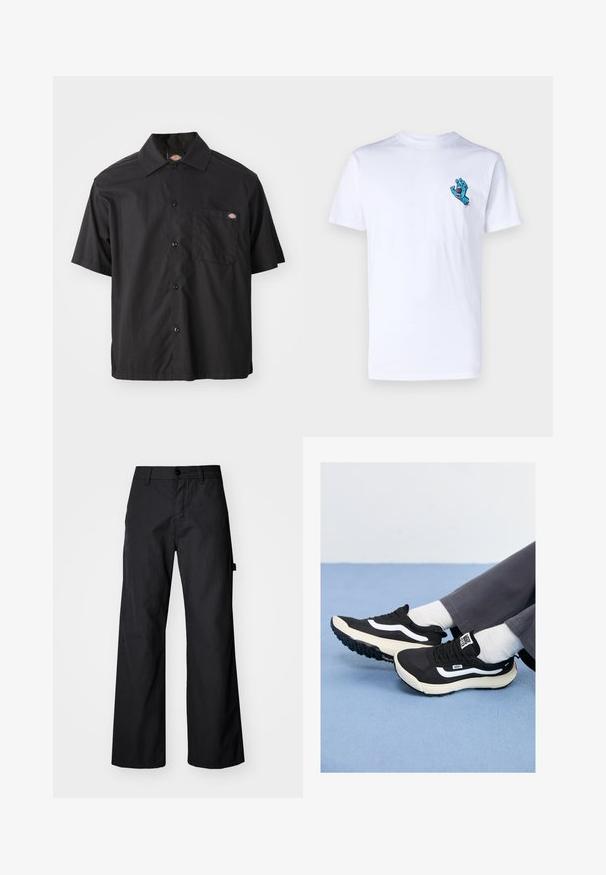 Camisa preta de manga curta com botão, feita de algodão, apresentando um único bolso no peito e um patch de logotipo. Textura suave e ajuste relaxado.; T-shirt de algodão branco com um gráfico de uma mão de monstro azul no lado esquerdo do peito. Design simples com gola redonda e mangas curtas.; Calças largas pretas, feitas de um tecido durável. Apresenta um fecho de botão e bolsos laterais. Textura suave com um design limpo.; Sapatilhas pretas com detalhes brancos, materiais em malha e borracha, apresentando uma sola texturizada e aba no calcanhar. Usadas com meias brancas e calças cinzentas.