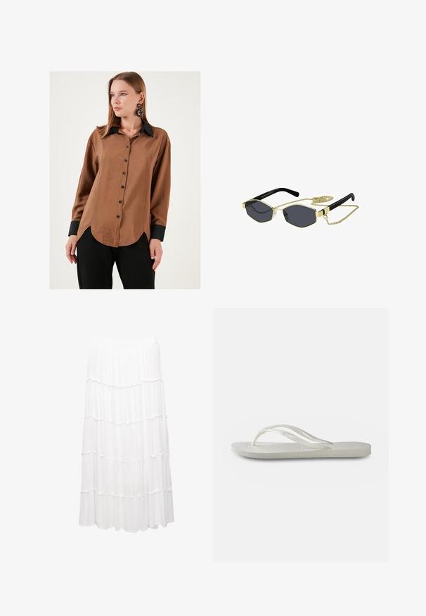 Cămașă din satin maro, cu nasturi, guler și manșete negre, având un tiv curbat și nasturi negri, purtată cu pantaloni negri.; Fustă albă în straturi confecționată dintr-un material ușor, având un braț elastic, straturi volănoase și un design fluid care se extinde până la jumătatea gambei.; Flip-flop alb cu o talpă texturată, având bretele subțiri și un design plat. Fabricat din cauciuc, cu un logo subtil pe talpa interioară.; Ochelari de soare octogonali cu lentile întunecate, accente din metal de aur și brațe din plastic negru; include o lanț detașabil din aur.