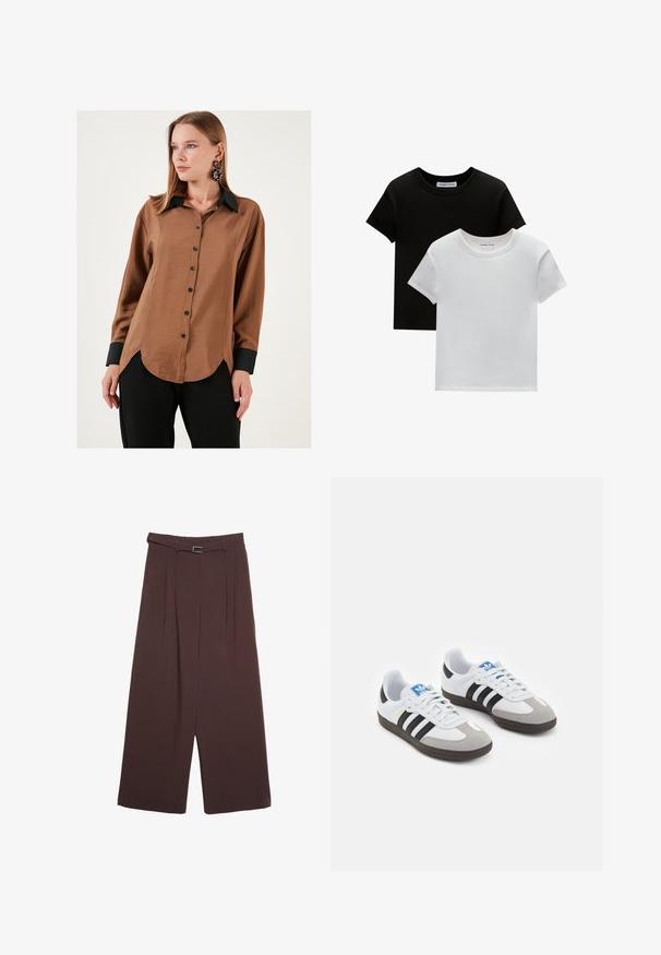 Braunes Satin-Hemd mit Knöpfen und schwarzem Kragen sowie Manschetten, mit abgerundetem Saum und schwarzen Knöpfen, getragen zu schwarzen Hosen.; Zwei T-Shirts mit Rundhalsausschnitt in Schwarz und Weiß, aus Baumwolle. Sie haben kurze Ärmel und einfarbiges Design ohne Muster oder Akzente.; Stradivarius WIDE-LEG WITH BUCKLE DETAIL  - Stoffhose - dark brown; Sportschuhe mit einem Obermaterial aus weißem Leder, grauer Wildleder-Zehenkappe und drei schwarzen Streifen. Sie verfügen über ein blaues Logo auf der Zunge und eine strukturierte Gummisohle.