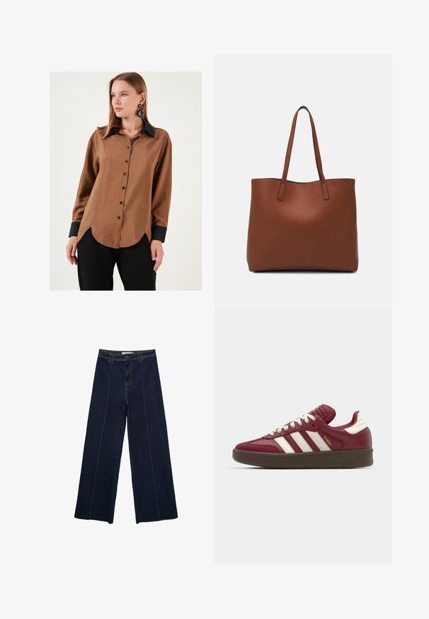 Chemise en satin marron à boutons avec un col et des poignets noirs, dotée d'un ourlet arrondi et de boutons noirs, portée avec un pantalon noir.; Pantalons en denim sombre à jambe large avec des coutures contrastantes, taille haute et coupe droite. Comprend des poches avant et une fermeture classique à boutons.; adidas Originals SAMBA XLG UNISEX - Baskets basses - noble maroon/core white; Sac fourre-tout en cuir marron avec une texture lisse, design à ouverture supérieure et deux poignées pour le porter à l'épaule. Présente des coutures minimales et aucun matériel visible.