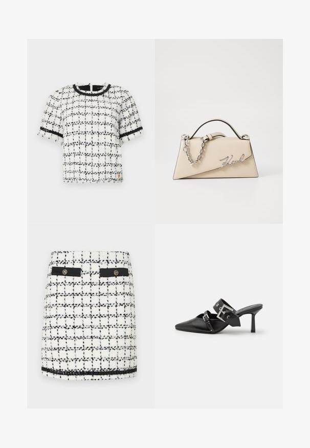 Bílo-černá kostkovaná halenka s krátkým rukávem, texturovaný materiál, kulatý výstřih a černé lemování podél rukávů a límce.; Mini sukně z tweedového materiálu v bílé a černé barvě, s kostkovaným vzorem, černými akcenty, dvěma předními kapsami a zlatými detaily knoflíků.; Černé muly na vysokém podpatku s špičatou špičkou, vyrobené z hladké kůže. Mají široký pás kolem kotníku se čtvercovou stříbrnou sponou a cvočky.; Béžová kožená kabelka se strukturovaným trojúhelníkovým tvarem, se stříbrným řetízkem a kovovým logem psaným kurzívou.