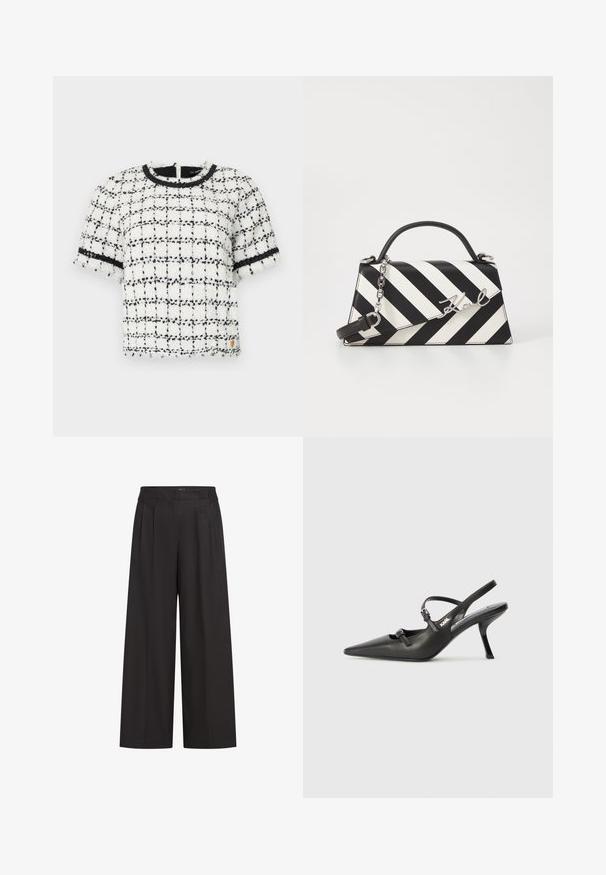 Balts un melns raibais īsām piedurknēm tops ar teksturētu audumu, apaļu kakla izgriezumu un melnu apdari gar piedurknēm un apkakli.; Melni platleņķa bikses ar augstu jostu, ar priekšējiem krokām un gludu tekstūru. Izgatavotas no viegla auduma.; Melnas ādas slingback papēži ar norādītu purngalu, izsmalcinātu papēdi un dekoratīvu sprādzi uz priekšpuses. Gluda tekstūra un elegants dizains.; Melnām un baltām svītrām rotāta rokassoma ar strukturētu formu, ar augšējo rokturi, noņemamu ķēdes siksnu un metāla logotipa akcentu.