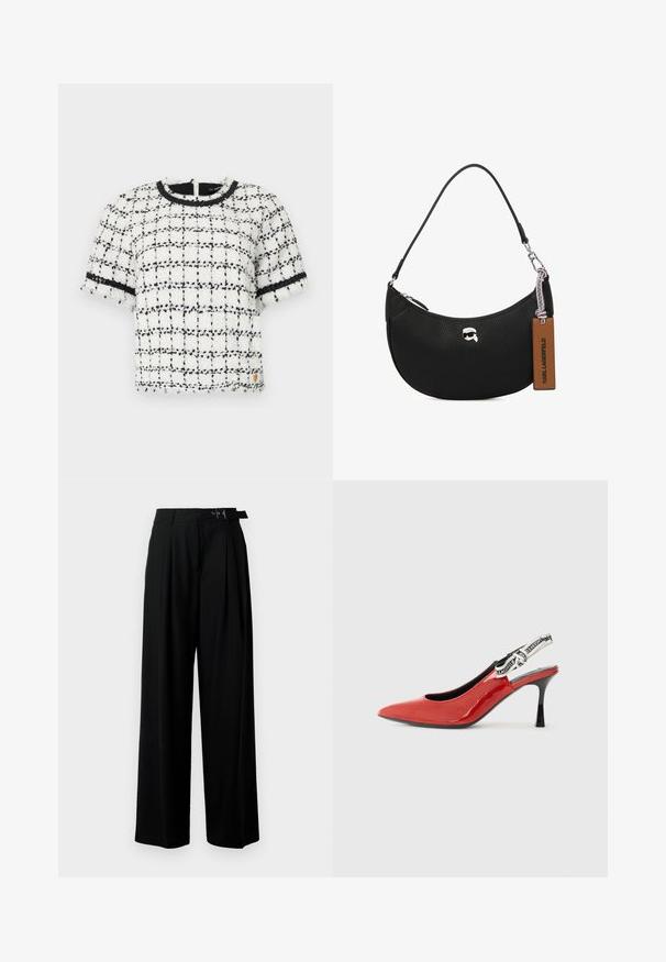 Bielo-čierny károvaný top s krátkymi rukávmi vyrobený z textúrovanej tkaniny, s okrúhlym výstrihom a čiernymi lemami pozdĺž rukávov a goliera.; Čierne široké nohavice s vysokým pásom, skladmi vpredu a opaskom s prackou. Vyrobené z hladkej, ľahkej textílie.; Červená lakovaná kožená obuv na podpätku s špicatou špičkou, čiernym podpätkom a dekoratívnym textilným pásikom s opakujúcim sa vzorom loga.; Čierna kožená kabelka s textúrou jemných bradavíc, zakriveným tvarom, horným zipsom, striebornými kovaniami a hnedou visačkou. Má akcent v podobe loga.