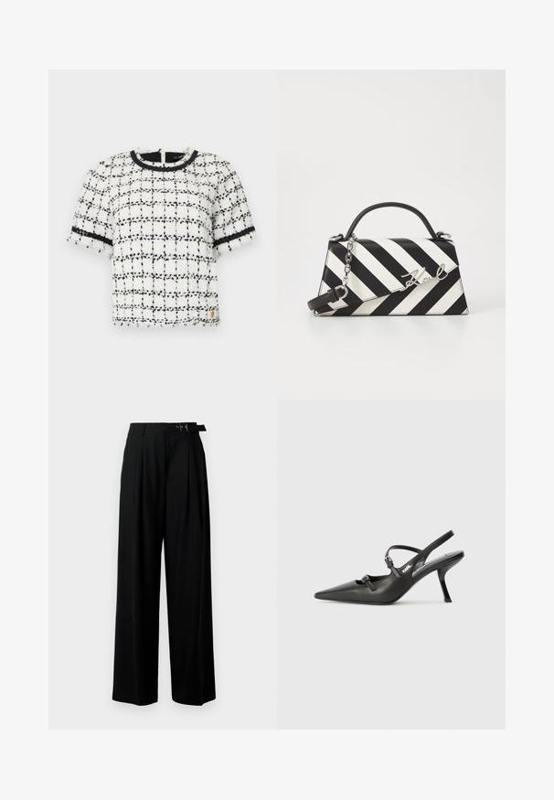 Bluza scurtă cu mânecă scurtă în carouri alb-negru, dintr-un material texturat, cu guler rotund și margine neagră pe mâneci și guler.; Pantaloni negri cu croi larg, talie înaltă, pliuri în față și un b μέρος cu cataramă. Confecționați dintr-un material neted și ușor.; Pantofi cu toc slingback din piele neagră, cu vârful ascuțit, toc subțire și detaliu decorativ cu cataramă pe partea din față. Textură netedă și design elegant.; Geantă cu dungi alb-negru, cu o formă structurată, având un mâner superior, o curea din lanț detașabilă și un accent metalic cu logo.