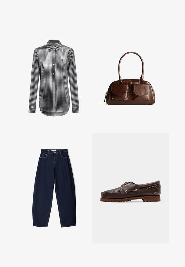Langärmliges kariertes Hemd in Schwarz und Weiß, mit Button-Down-Kragen und abgerundetem Saum. Enthält ein kleines Logo auf der Brust.; Schlichtes weißes T-Shirt mit kurzen Ärmeln und Rundhalsausschnitt in schlanker Passform, flach vor einem weißen Hintergrund präsentiert.; Dunkelblaue Jeanshose mit weitem Bein verfügt über eine hohe Taille, seitliche Taschen und kontrastierende Nähte. Der Stoff hat eine glatte Textur und eine strukturierte Form.; Braune Lederbootsschuhe mit goldenen Ösen, runden Schnürsenkeln und einer strukturierten braunen Gummisohle. Verfügt über genähte Details und ein erhabenes Logo.; Braune Lederhandtasche mit zwei Vorderklappen, abgerundeten Griffen und einem Reißverschluss an der Seite vor einem weißen Hintergrund.