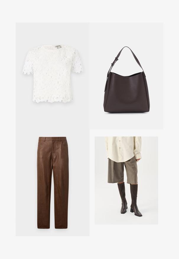 Hvit blondetopp med blomster mønster, korte ermer, rund halslinning og en subtil bølgete kant. Lukkes med glidelås bak.; Brune skinnbukser med en jevn tekstur, rett ben design og to sidelommer. Har synlige sømdetaljer.; Brune knelange støvler med firkantet tå og blokkhæl, sammen med en beige oversized skjorte og brune ternede culotter.; Vero Moda VMLANE - Shoppingveske - chocolate torte