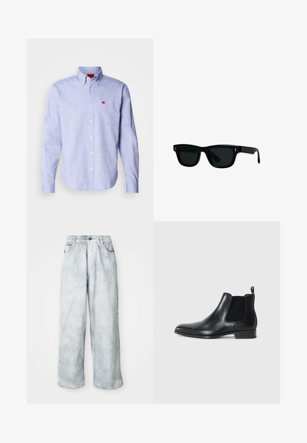 Šviesiai mėlyna marškinėlių palaidinė ilgomis rankovėmis, su krūtine kišene ir raudona ženkleliu. Pagaminta iš lygaus audinio su klasikinio tipo apykakle.; Šviesiai mėlynos plačios džinsinės kelnės su aukštu liemeniu, priekyje sutvirtinimu su mygtuku ir užtrauktuku, diržo kilputėmis bei priekinėmis ir galinėmis kišenėmis.; Juodos odinės Čelsio botai su elastingais šoniniais paneliais, suapvalintu nosiu, mažu kilimėliu gale ir žemu sukomplektuotu kulnu. Lygus paviršius.; Juodos saulės akinių su kvadratiniais rėmeliais, tamsiais stiklai ir lygaus plastiko medžiaga. Savybės - mažos, apvalios detalės priekyje ir plonos kojos.; Sidabrinis nerūdijančio plieno laikrodis su apvaliu baltu ciferblatu, juodu tachimetru, žaliais akcentais ir metaline grandinėle.