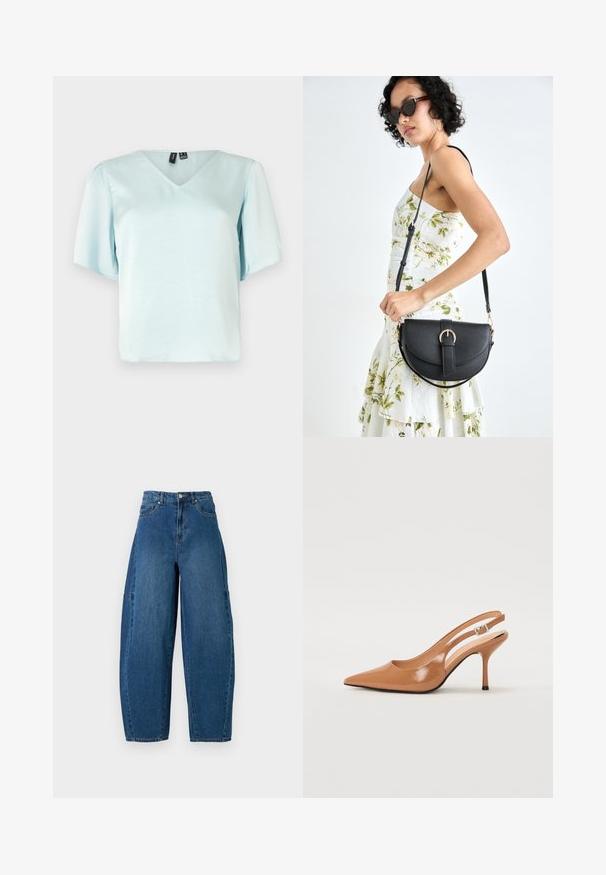 Light blue V-neck blouse with short puff sleeves, made of smooth fabric, featuring a relaxed fit and no visible patterns or embellishments.; Denim jeans in a medium blue wash, featuring a high waist, wide leg cut, and standard five-pocket design with visible stitching details.; Pointed toe slingback heel in a smooth, glossy tan material. Features a curved cutout design and a slender stiletto heel. Silver buckle detail.; Black leather handbag with a curved shape, detachable strap, and gold hardware. The bag features a flap with a buckle detail.