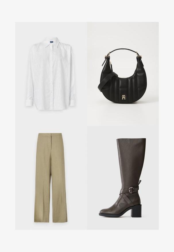 Hvid skjorte med knapper, der har et diskret tonalt logomønster, lange ærmer og klassisk krave. Fremstillet af glat, let materiale.; Lys grønne, vide bukser lavet af linned. Har en høj talje og et rent fordesign med en enkelt plissé.; Mørkebrun knæhøj læderstøvle med en medium blokhæl og en dekorativ rem med sølvspænde rundt om anklen.; Sort læderhandtaske med en bøjelig form, kviltet tekstur og guld hardware. Har en aftagelig skulderrem og logo-detalje.