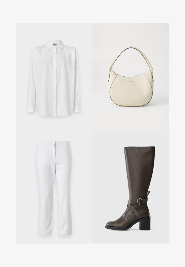 Chemise blanche à boutons, ornée d'un motif logo ton sur ton subtil, à manches longues et avec un col classique. Fabriquée dans un matériau lisse et léger.; Pantalons en coton blancs avec une coupe droite, dotés d'une taille mi-haute et sans matériel ou motifs visibles. Texture lisse sur l'ensemble.; Botte en cuir marron foncé, arrivant au genou, avec un talon bloc moyen et une sangle décorative avec une boucle en argent autour de la cheville.; Sac à main couleur crème avec une finition texturée, forme courbée, anses courtes et détail de logo doré. Fermeture éclair sur le dessus.