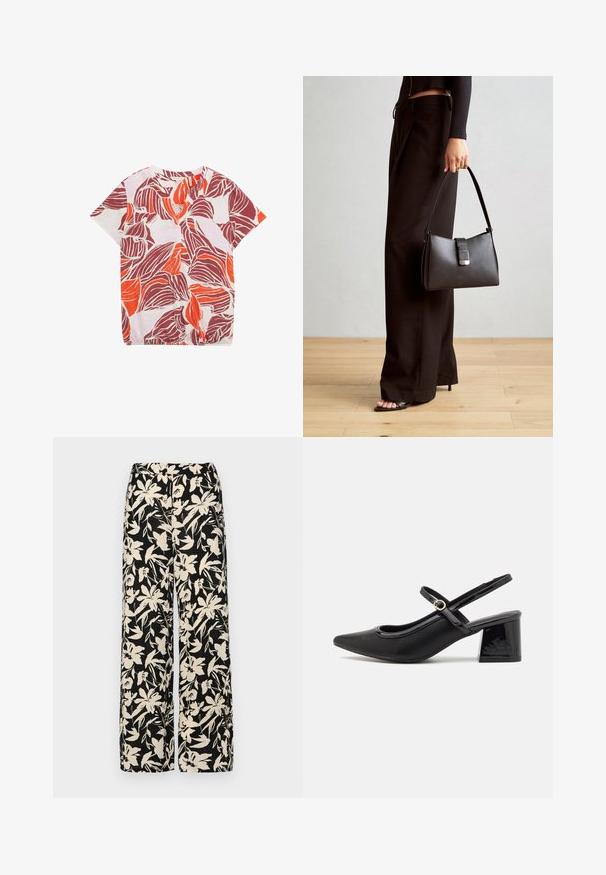 Blůza s krátkým rukávem z lehkého materiálu s květinovým vzorem v červené, oranžové a fialové barvě. Výstřih do V s jemnými záhyby.; Černé kalhoty s širokými nohavicemi a krémovým květinovým vzorem. Vyrobené z lehké tkaniny, s hladkým povrchem a vysokým pasem.; Černé lakované lodičky s otevřenou patou, špičatou špičkou, zaobleným střihem a blokovým podpatkem. Zdobené akcentem v zlatém tónu.; Černá kabelka se strukturovaným tvarem, hladkým povrchem a kovovým uzávěrem. Kombinována s širokými černými kalhotami a sandály s otevřenou špičkou na dřevěné podlaze.