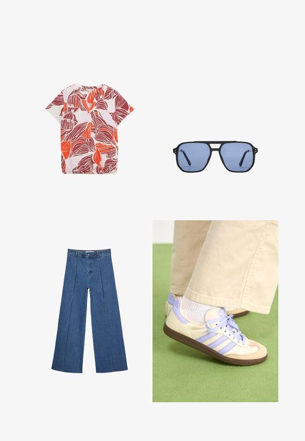 Lyhythihainen paita kevyestä kankaasta, jossa on kukkakuosi punaisena, oranssina ja purppurana. V-pääntie hienovaraisilla laskoksilla.; Korkeat vyötäröiset, keskisiniset, leveiden lahkeiden denim-farkut, joissa on nappikiinnitys ja kontrastiväriset pystysaumadetaileja edessä.; Kermasilta ja laventelilta näyttävät lenkkarit kolmella raidalla ja teksturoidulla ruskealla pohjalla, varustettuna nauhoilla ja pehmustetulla kantapäällä. Pehmeä kangaspinta.; Stradivarius RETRO - Aurinkolasit - light blue