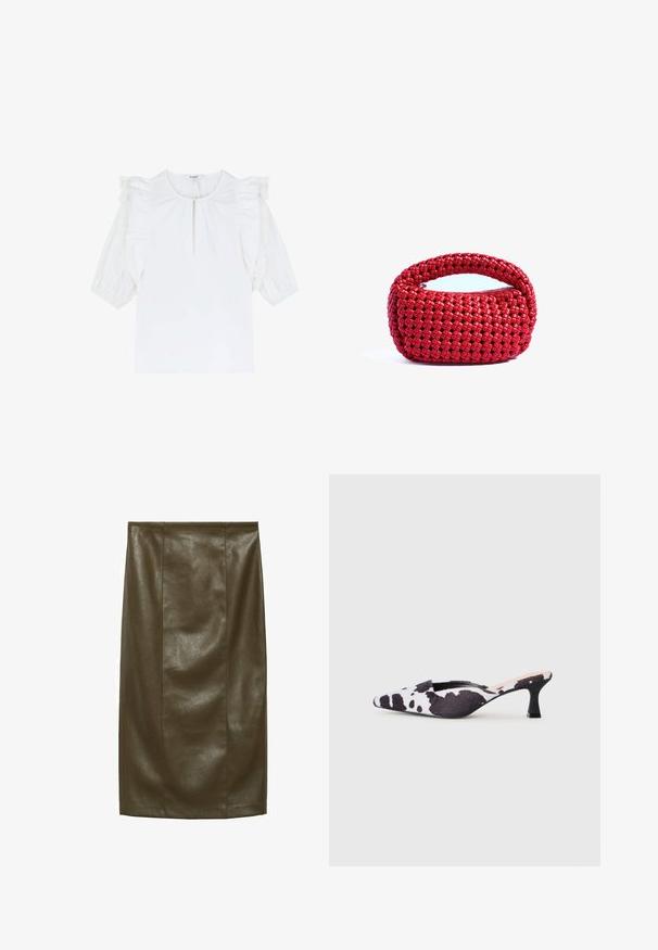 Blouse blanche à manches courtes bouffantes, avec des accents froncés et un décolleté en forme de clé subtil. Tissu lisse avec une texture unie.; Jupe crayon en similicuir vert olive avec une texture lisse, longueur genoux, dotée de coutures verticales pour un look ajusté.; Talons slingback à bout pointu en design imprimé vache noir et blanc. Tige en tissu avec finition texturée et un fin talon noir.; Sac à main tissé rouge avec une poignée ronde et une fermeture éclair, présentant un motif texturé entrelacé sur un matériau souple et flexible.