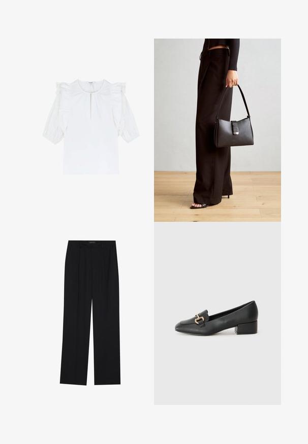 Hvid blouse med korte puffærmer, der har flæse detaljer og en subtil keyhole-udskæring. Glat stof med en ensartet tekstur.; Sorte bukser med en lige ben-design, der har to forlommer og en talje. Lavet af et glat, let stof.; Sorte læder loafers med flad hæl, der har en dekorativ guldhardwaredetalje foran og en glat overflade.; Sort håndtaske med struktureret form, glat overflade og metalspænde. Sammen med brede sorte bukser og sandaler med åben tå på trægulv.