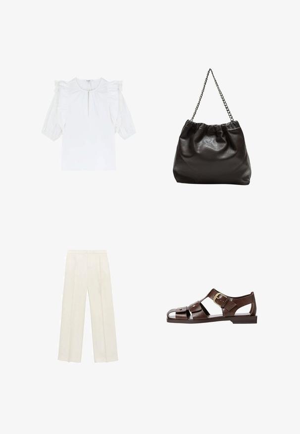 Vit blus med korta puffärmar, med rynkade detaljer och en diskret nyckelhålsutskärning. Slät tyg med en enkel textur.; Breda byxor i en ljus krämfärg. Tillverkade av ett mjukt tyg med veck fram och sidofickor.; Bruna lädersandaler med utskärning, justerbar sidspänne och platt sula, samt metallaccenter och öppen tå.; Brun läderväska med rynkad topp och kedjesnodd. Slät textur med en blankslipad yta och subtila sömdetaljer på sidorna.
