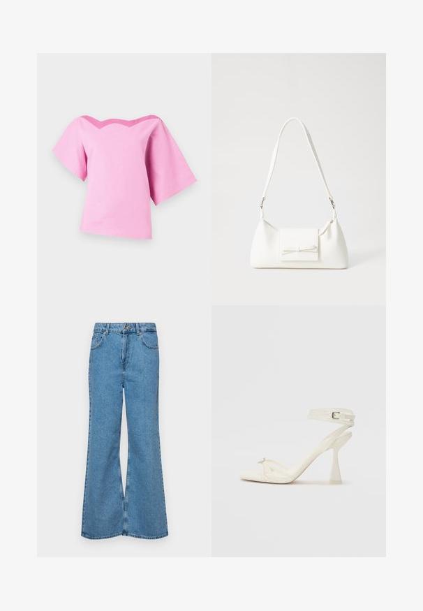 Rózsaszín, rövid ujjú felső, széles nyakkivágással, amelynek hullámos kialakítása van. Könnyű anyagból készült, sima textúrával.; Világoskék, trapézszárú farmernadrág, magas derékkal, öt zsebbel és egy gombos záródással. Puha tapintású, magasított effektusú anyag.; Fehér bőr, pántos, magas sarkú szandál, letisztult limezéssel, átlátszó blokk sarkakkal és díszítő elemmel a lábujjaknál.; Fehér szintetikus kézitáska, háromszög alakú, lapos előlap, masni részlettel, állítható pánttal, sima textúrával és minimalista dizájnnal.