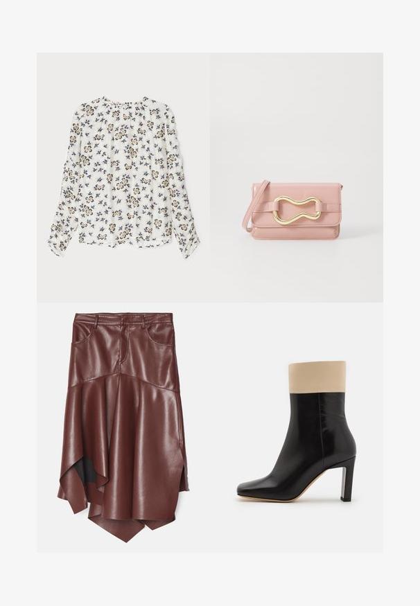 MUNTHE SEIMA - Camicetta - ivory; Gonna in ecopelle marrone con orlo asimmetrico e svasato, dotata di due tasche frontali e una texture liscia e lucida.; Stivaletto in pelle nera con dettaglio crema nella parte superiore, punta affilata e tacco alto con accentuazione argentata. Texture liscia senza motivi visibili.; Borsa a tracolla in pelle rosa con una superficie liscia, caratterizzata da un dettaglio hardware astratto dorato e una tracolla removibile. Design compatto e rettangolare.