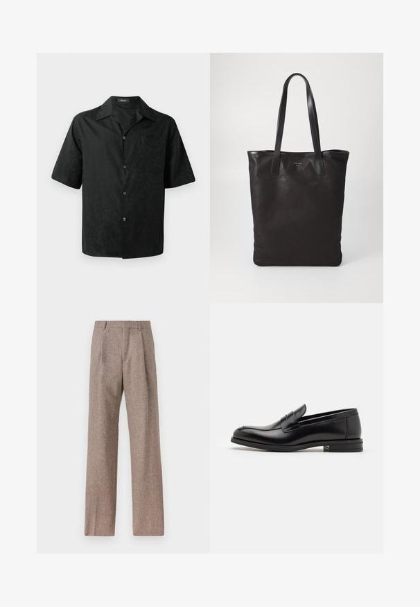Trumpas rankovėmis juodas marškinis su subtiliu tekstūriniu gėlių raštu, mygtukais priekyje, apykakle ir kairėje krūtinėje kišene. Pagamintas iš lengvos medžiagos.; Rudos, aukšto liemens kelnes, pagamintas iš tekstūruotos medžiagos. Plati kojos, dvi priekinės klostės struktūrai. Tvarkingas apdailos darbai, be matomų detalių.; Juodos odinės loafers, turinčios lygų paviršių, apvalią noselę ir dekoratyvinę juostą per priekinę dalį. Žemas krentantis kulnas, minimalistinis dizainas.; Juodas drobės pirkinių maišelis su juodais odiniais rankenomis. Paprastas dizainas, erdvus kūnas ir lygus paviršius. Nėra matomų logotipų ar raštų.