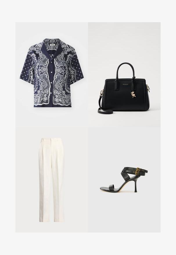 sandro RECOUPE - Pogājama blūze - bleu/blanc; Polo Ralph Lauren HEMP WIDE LEG PANT - Auduma bikses - nevis; Melna augsta papēža sāndele ar krustotiem siksniņām un regulējamu sprādzi. Iespēlēts gluds tekstūra un pakāpenisks stiletto papēdis.; Melnas ādas rokas soma ar strukturētu dizainu, dubultiem augšējiem rokturiem, noņemamu plecu siksnu, zelta aparatūru un logo piekariņu akcentu.