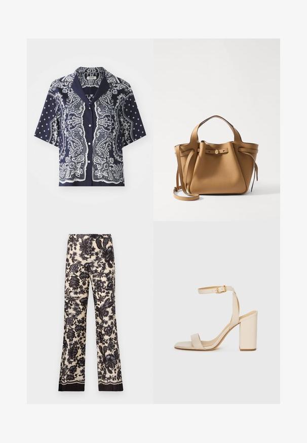 sandro RECOUPE - Cămașă - bleu/blanc; Pantaloni cu poante florale, de tip wide-leg, în crem cu nuanțe negre. Prezintă o textură mătăsoasă și un tiv închis contrastant.; Sandalie bej cu toc înalt, cu vârf pătrat, curea subțire în jurul gleznei și toc bloc. Textură de piele netedă cu detalii din cataramă aurie.; Tory Burch ROMY PEBBLED SATCHEL - Geantă de mână - tiramisu