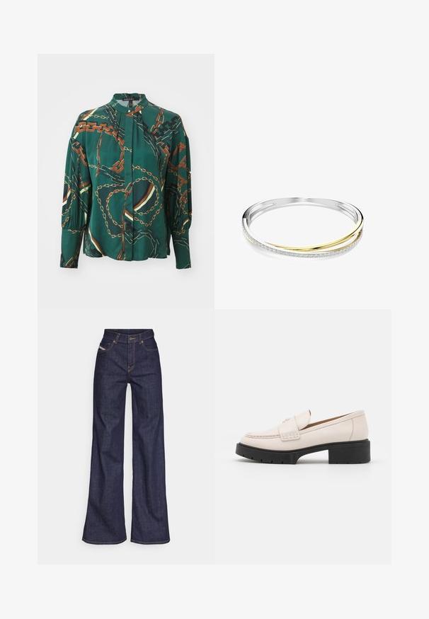 Grüne Bluse mit langen Ärmeln und einem Kettenmuster in Braun und Gold, mit einer Knopfleiste vorne und gerafften Ärmeln, aus einem glatten Stoff gefertigt.; Dunkelblaue weite Jeans aus Denimstoff mit hoher Taille, ausgestattet mit orangefarbenen Nähten, fünf Taschen und einem Knopfverschluss.; Hellebeige Lederloafers mit einer gesteppten Vorderseite und einem strukturierten schwarzen Plateauabsatz. Merkmale ein geschwungenes Design und eine leichte Erhöhung.; Armband aus poliertem Silber und goldenen Bändern; begleitet von einer Reihe klarer Edelsteine entlang einer Kante. Glattes, elegantes Design.