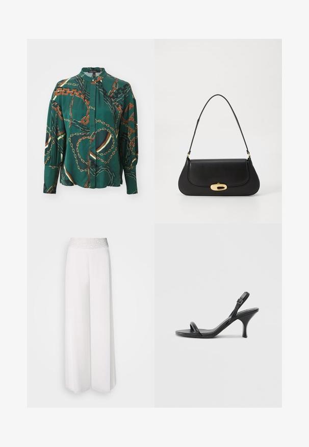 Blouse verte à manches longues avec un motif de chaîne en brun et or, comportant un devant boutonné et des manches froncées, fabriquée dans un tissu lisse.; Pantalons larges blancs avec une taille texturée argentée, présentant un tissu lisse et un design fluide. Conviennent à diverses occasions.; Sandales à talons hauts en cuir noir avec un talon fin et courbé et un design de brides croisées. Bride de cheville réglable. Texture lisse.; Sac à main en cuir noir avec un design incurvé, matériel doré et une poignée sur le dessus. Présente une fermeture élégante et une texture lisse.