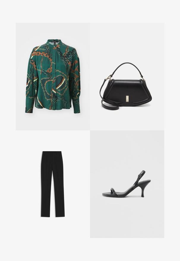 Grüne Bluse mit langen Ärmeln und einem Kettenmuster in Braun und Gold, mit einer Knopfleiste vorne und gerafften Ärmeln, aus einem glatten Stoff gefertigt.; Schwarze maßgeschneiderte Hose mit geradem Bein, ausgestattet mit Fronttaschen und einem glatten, strukturierten Stoff. Saubere, minimale Details.; Schwarze Leder-Sandalen mit hohen Absätzen, schlankem, gebogenem Absatz und gekreuztem Riemendesign. Verstellbarer Knöchelriemen. Glatte Textur.; Schwarze Lederhandtasche mit einem strukturierten Design, das eine verkürzte Form, einen oberen Griff und goldfarbene Hardware-Details aufweist. Verstellbarer Schulterriemen ist enthalten.