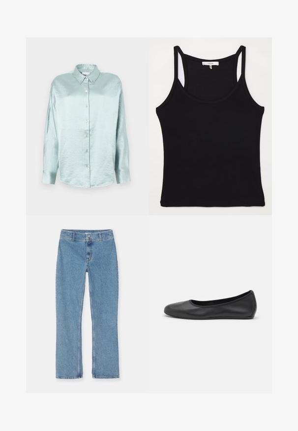 Hele sinine nööpiga särk, mis on valmistatud läikivast ja pehmest kangast; sellel on krae, pikad varrukad ja ümar äär ning see on lõdva fitiga.; FRAME CUTAWAY TANK - Topp - black; Heledad hall sinise sirge jala teksapüksid, nööbi ja luku sulgemisega, vöörihmadega ja standardõmblustega valgel taustal.; Musthave mustika tantsutossud mustast nahast, ümmarguse varbaga, siledast tekstuurist, minimaalse õmblusdetailiga ja paindliku tallakujundusega.