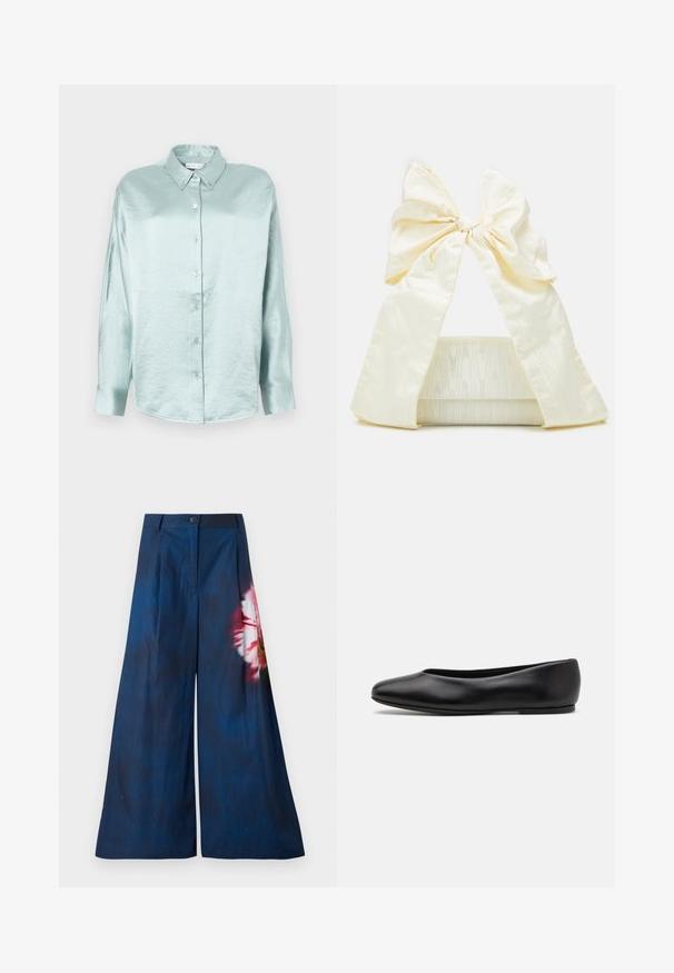 Camisa de botones azul claro hecha de una tela brillante y suave; cuenta con un cuello, mangas largas y un dobladillo redondeado con un corte relajado.; Pantalones de pierna ancha en tejido azul marino oscuro, con un estampado floral en rosa y amarillo en un lado, y con un cierre de botón en la cintura.; Paul Smith TOPANGA - Bailarinas - black; Loeffler Randall RAMONA BOW SHOULDER BAG - Bolso de mano - cream