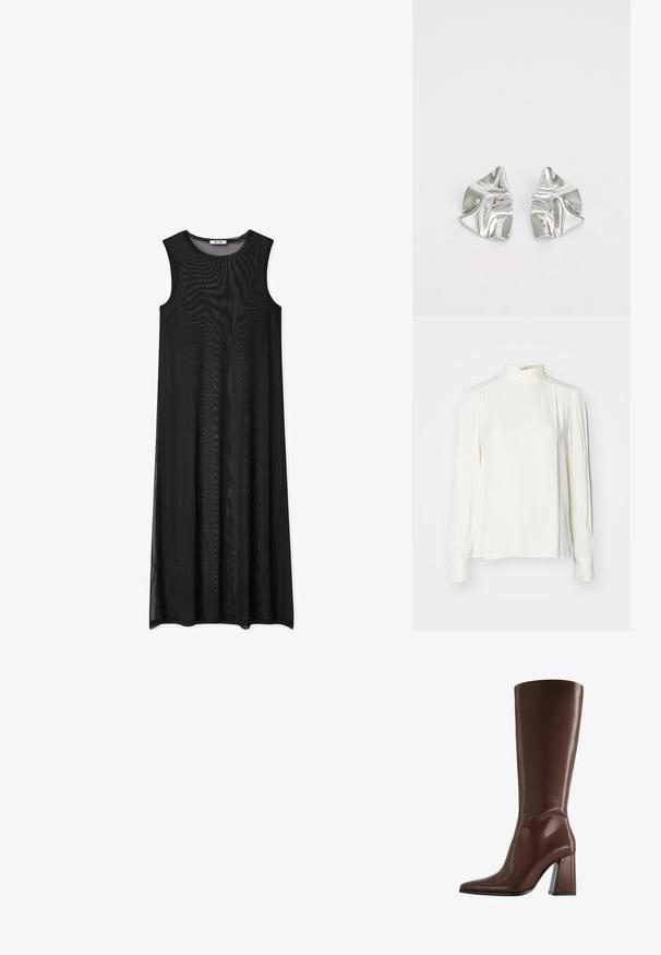 Witte blouse met lange mouwen en hoge hals, met geplooide details bij de schouders en manchetten, gemaakt van een gladde, lichte stof.; Zwart mouwloos maxijurk met een losse pasvorm. Gemaakt van doorschijnende stof, met een ronde halslijn en een vloerlange ontwerp.; Bruine kniehoge leren laars met puntige neus en stevige hak van middelhoge hoogte, zijaanzicht op witte achtergrond.; Zwart leren schoudertas met een halve maanvorm, textuur oppervlak, gouden rits en een platte schouderband. Compact ontwerp geschikt voor de benodigdheden.; Zilveren metalen oorbellen met een golvend, sculpturaal ontwerp, voorzien van een gepolijste afwerking en onregelmatige vormen, die een hedendaagse esthetiek benadrukken.