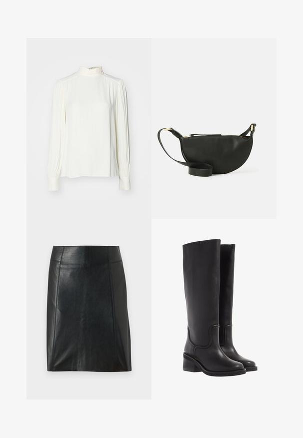 Blusa blanca de manga larga con cuello alto, que presenta detalles fruncidos en los hombros y los puños, fabricada con tejido suave y ligero.; Minifalda de piel negra con un diseño ajustado. Textura suave, costuras que delinean la forma y un dobladillo recto. Apariencia minimalista y elegante.; Botas de cuero negro hasta la rodilla con una textura suave, punta redondeada y un tacón ancho. Presenta costuras sutiles y un diseño aerodinámico.; Bolso de cuero negro cruzado con forma de media luna, superficie texturizada, cierre de cremallera dorado y una correa plana. Diseño compacto adecuado para lo esencial.