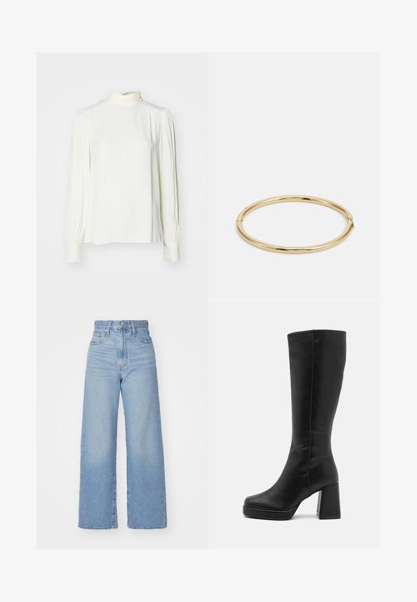 Blouse blanche à manches longues avec un col haut, présentant des détails froncés aux épaules et aux poignets, fabriquée en tissu lisse et léger.; Jean large taille haute bleu clair avec bouton et fermeture éclair à l'avant, poches avant et arrière, sur fond blanc.; Anna Field Bottes à talons hauts - black; Bracelet en or avec une surface lisse et brillante, présentant une forme ronde et un détail de fermoir subtil.
