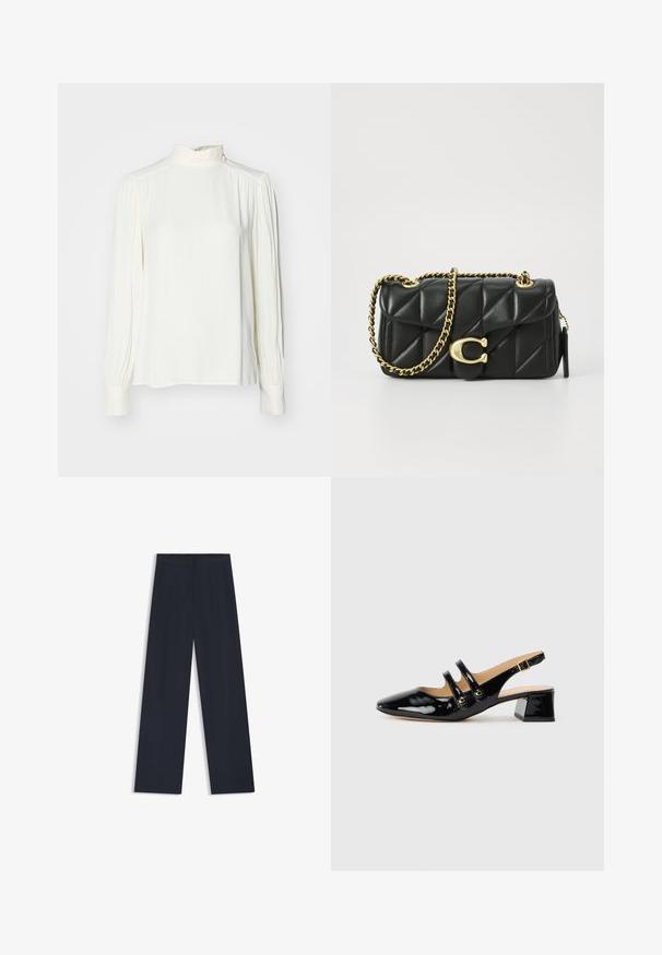Weiße Bluse mit langen Ärmeln und hohem Kragen, mit gerafften Details an den Schultern und Bündchen, hergestellt aus glattem, leichtem Stoff.; Marineblaue weite Hose mit elastischem Bund, zwei Seitentaschen und einer glatten, gewobenen Textur. Keine sichtbaren Muster oder Hardwaredetails.; Schwarzer lacklederner Slingback-Schuh mit spitzem Zehenbereich, zwei Riemendetails, goldenen runden Akzenten und niedrigem Blockabsatz.; Schwarze, gesteppten Lederhandtasche mit einer goldfarbenen Kettenriemen und einem Drehverschluss, der mit einem runden Akzent verziert ist. Kompakte rechteckige Form.